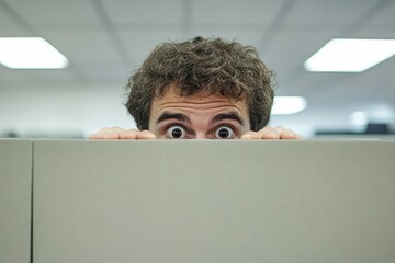 Curly-haired man peers over cubicle wall with wide, surprised eyes. It can symbolize fear, curiosity, workplace stress, or corporate espionage.