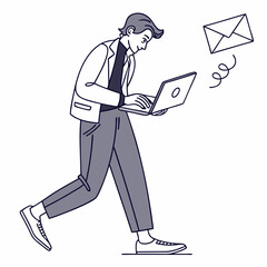 Man walking using laptop receiving email