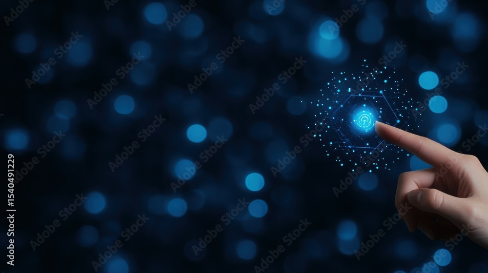 Poster digital touch: the image showcases a close-up view of a hand interacting with a cluster of glowing d