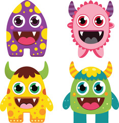 Fototapeta premium Cute Cartoon Monster Characters with Big Eyes and Happy Smiles