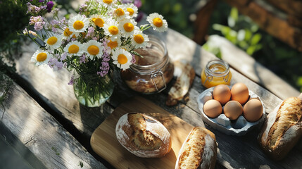 Rustic table with eggs, homemade bread and honey and bouquet of daisies