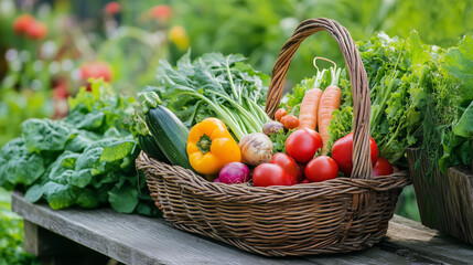 Basket of fresh vegetables on bench in cottage garden.