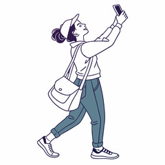 Young woman walking taking selfie smartphone