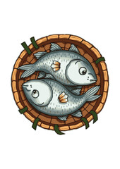 Mackerel fish in Bamboo basket packaging, with brown label fish product, isolated on white background ,Popular food in Thailand, Mackerels on basket .
