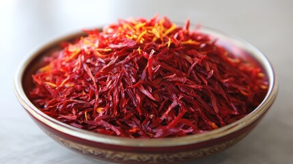 Fototapeta premium Pile of vibrant red saffron threads in a shallow bowl.