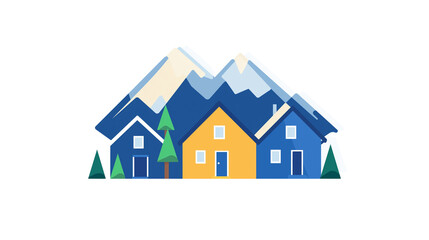 Modern Home with Mountain Landscape - Iconic, Simple, and Colorful Design on Transparent Background