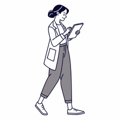 Young woman walking using tablet digital device