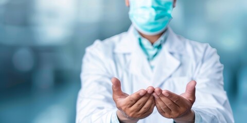 medical worker in a mask and lab coat extends hands, ready to provide care in a contemporary healthcare environment