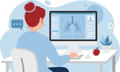 Healthcare Professional Analyzing Lung Imaging on Computer Screen with Medical Tools and Healthy Snacks Nearby flat vector illustration