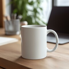 A minimalist white coffee mug on a wooden desk, perfect for a cozy workspace.