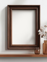 Elegant wooden frame on a shelf, perfect for showcasing art or cherished memories.