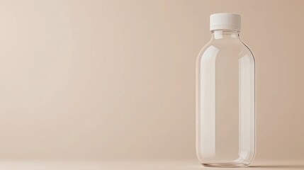Clear bottle, minimal presentation: A minimalist image of a transparent bottle stands out. its simple design against a neutral background, representing purity, health, and simplicity.