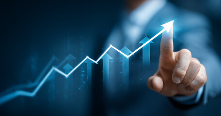 Business Hand Interacting with Digital Growth Chart and Upward Arrow, Illustrating Financial Success, Strategic Planning, and Market Increase