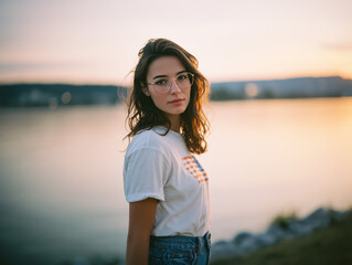 Patriotic Girl in USA Shirt by Lake – Sunny Film Portrait on Independence Day