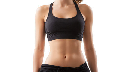 Close up of a fit woman's abdomen, showcasing diastasis recti, a common separation of abdominal muscles after pregnancy, against a transparent background for easy use in design projects