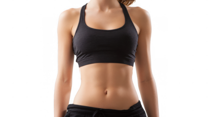 Close up of a fit woman's abdomen, showcasing diastasis recti, a common separation of abdominal muscles after pregnancy, against a transparent background for easy use in design projects