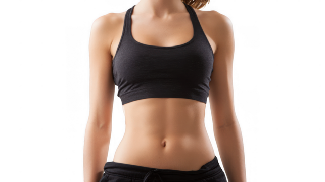 Close up of a fit woman's abdomen, showcasing diastasis recti, a common separation of abdominal muscles after pregnancy, against a transparent background for easy use in design projects