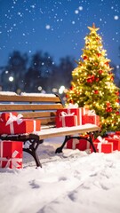 christmas gifts on a snow covered park bench near a brightly lit christmas tree at night