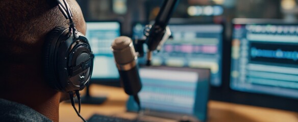 The audio producer working diligently in a modern digital broadcasting studio.