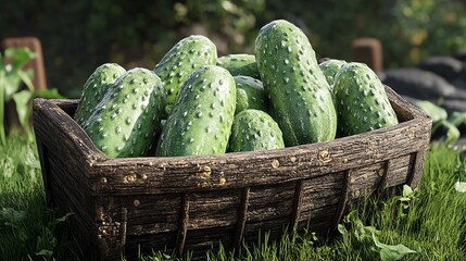 wooden basket filled with freshly harvested cucumbers