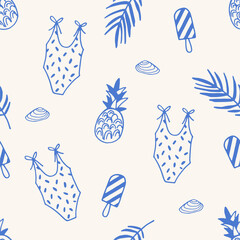 Seamless pattern with swimsuits, pineapples, seashells, ice cream and palm leaves in blue on beige background. Hand-drawn summer elements. Summer vacation and travel concept