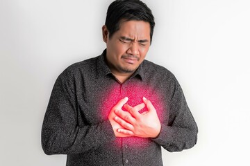 A man with a pained expression grasps his chest, indicating discomfort or health concern, against a white background.