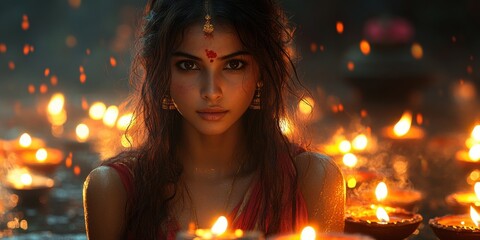 Indian Woman Surrounded by Candlelight in a Festive Nighttime Ambiance