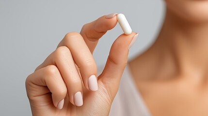 A woman holding a white capsule between her fingers, representing health and wellness.