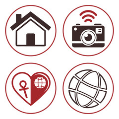 Professional design icons set home camera heart globe