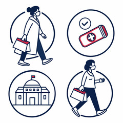 Woman walking wearing mask carrying bag government building