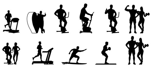 Vector set of adult men and women exercising together on different machines