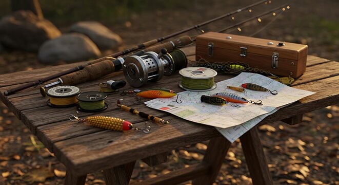 Fishing Gear on Wooden Table: A collection of essential fishing gear, including rods, reels, lures, and spools, rests neatly atop a rustic wooden table. - Powered by Adobe