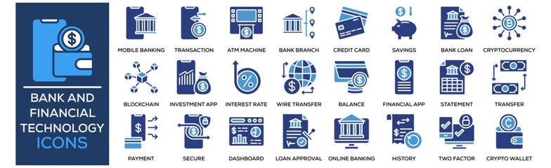 Bank and Financial Technology icon collection set. Containing design Digital Wallet, Mobile Banking, Online Transaction, ATM Machine, Bank Branch