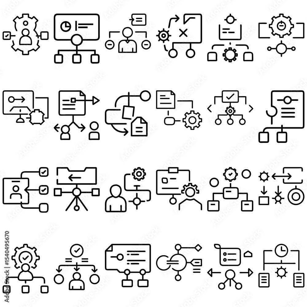 Poster illustration of various flowchart icons depicting processes and organizational structures in black o