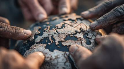 Hands touching a globe puzzle with europe in focus closeup.