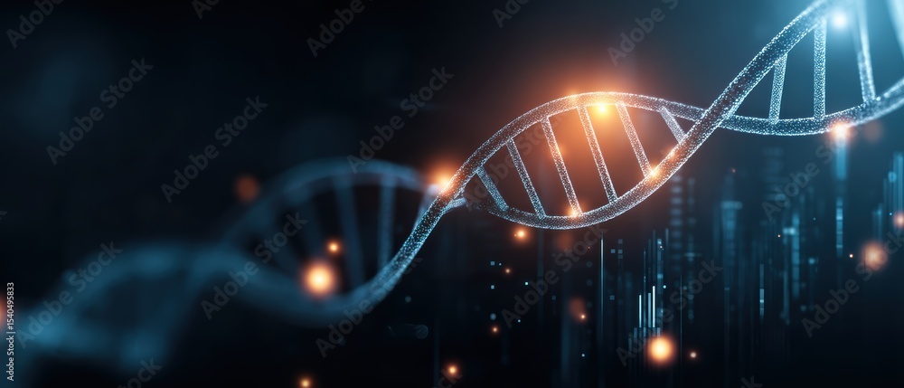 Poster a glowing digital representation of a dna double helix with futuristic cityscape elements in the bac