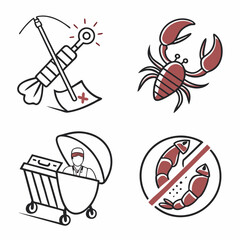 Seafood allergy icons set medical alert crayfish shrimp