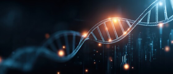 A glowing digital representation of a DNA double helix with futuristic cityscape elements in the background.