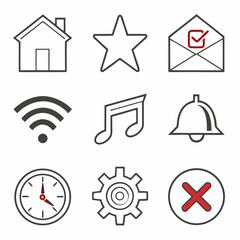 Nine clean line icons set home star mail wifi music bell clock gear cross
