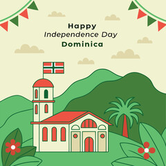 Dominica independence day card with church and flag.