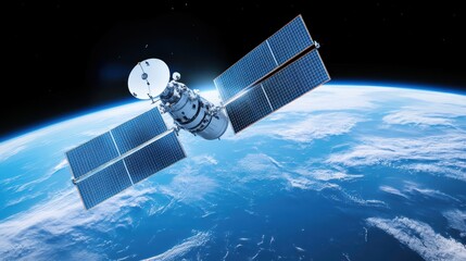 Fototapeta premium A satellite orbits Earth above the atmosphere, with solar panels extended, capturing a view of the planet's blue surface and clouds beneath in space.