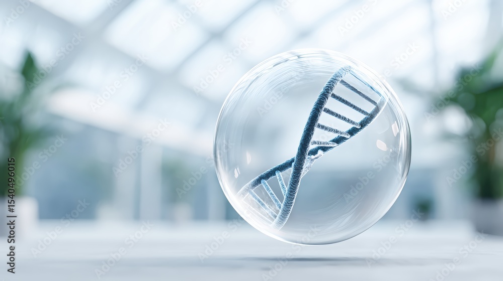 Poster transparent sphere containing a dna double helix floating in a bright, modern environment with blurr