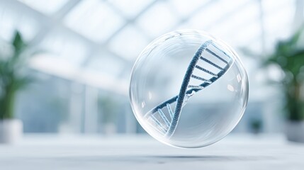 Transparent sphere containing a DNA double helix floating in a bright, modern environment with blurred green plants in the background.