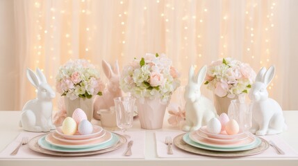 Elegant Easter table setting with pastel theme, white tablecloth, floral centerpiece, ceramic rabbit figurines, decorated eggs, and twinkling fairy lights.