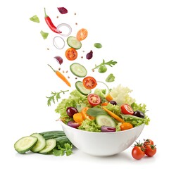Fresh vegetable salad in bowl with flying ingredients isolated on white background