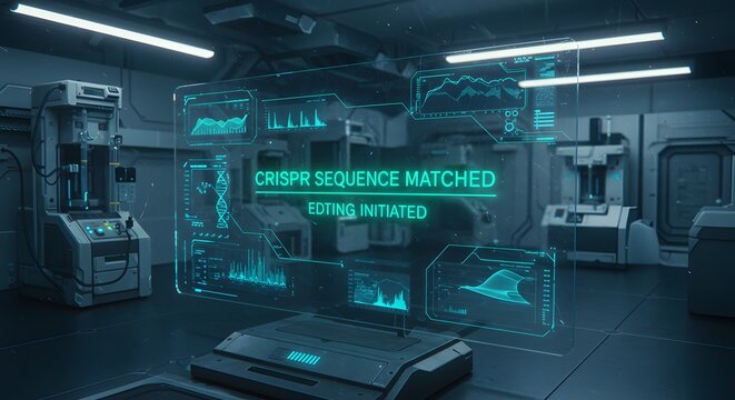 Modern lab interface showing 'CRISPR Sequence Matched – Editing Initiated sci-fi biotech visualization - Powered by Adobe