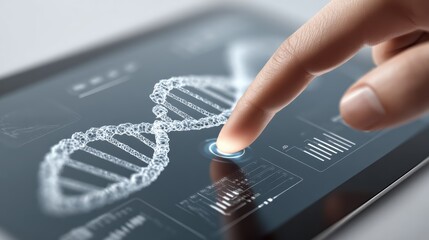 A finger interacts with a digital tablet displaying a 3D DNA double helix and data charts, symbolizing genetic research or biotechnology.