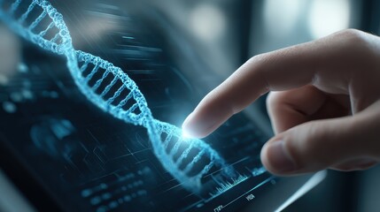 A hand interacts with a digital interface displaying a glowing DNA double helix, symbolizing genetic research and advanced biotechnology.