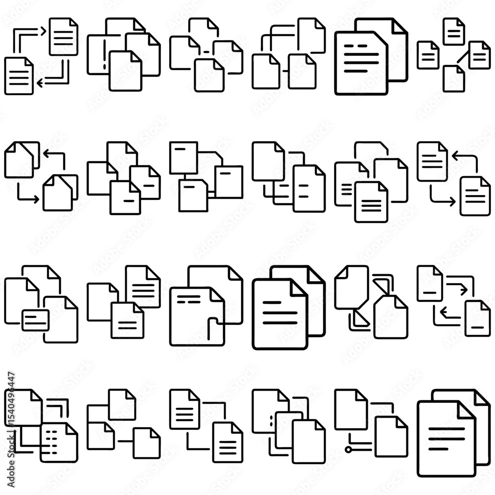 Poster illustration of multiple file icons connected with lines and arrows in various configurations and si