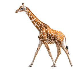 A tall giraffe gracefully striding across the frame. The giraffe boasts a long neck, a distinctive patterned coat, and a serene expression.